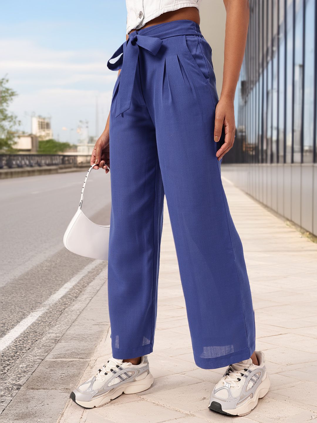 Women Femme Ribboned Perfection Straight Fit Pleated Regular Trousers