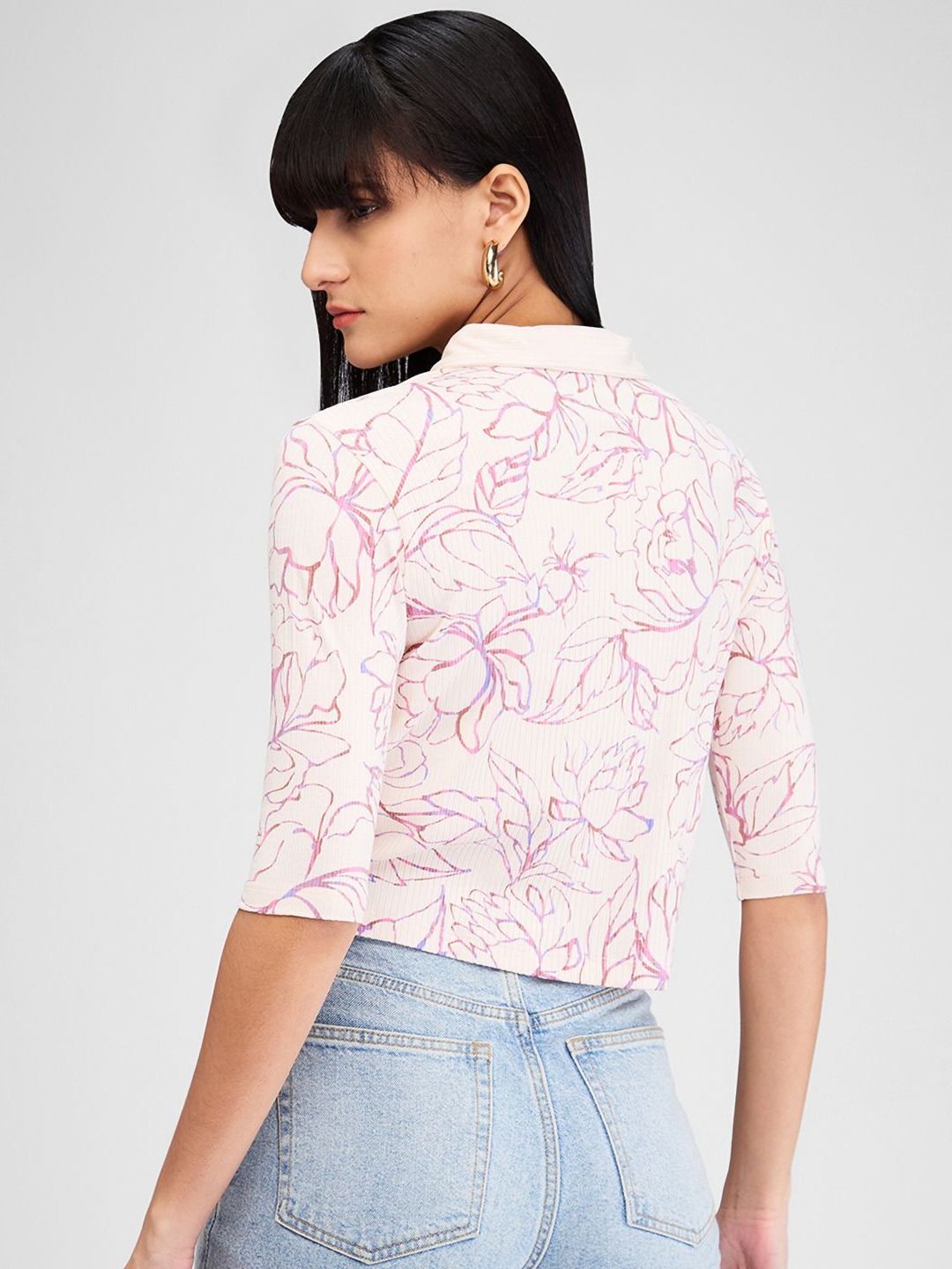 SPYKAR Women Floral Printed Polo Collar Tropical Slim Fit T-shirt