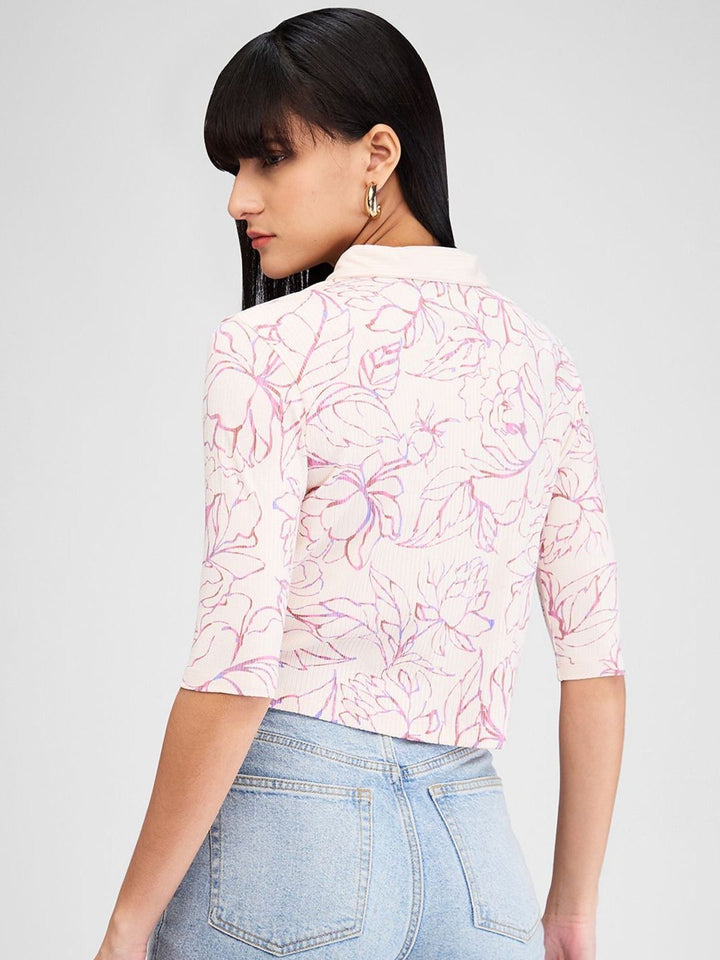 SPYKAR Women Floral Printed Polo Collar Tropical Slim Fit T-shirt