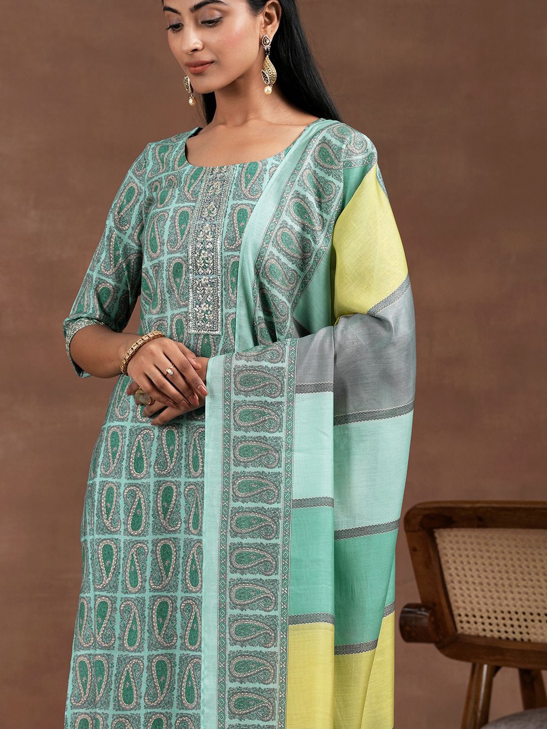 Libas Paisley Printed Thread Work Straight Kurta with Salwar & Dupatta