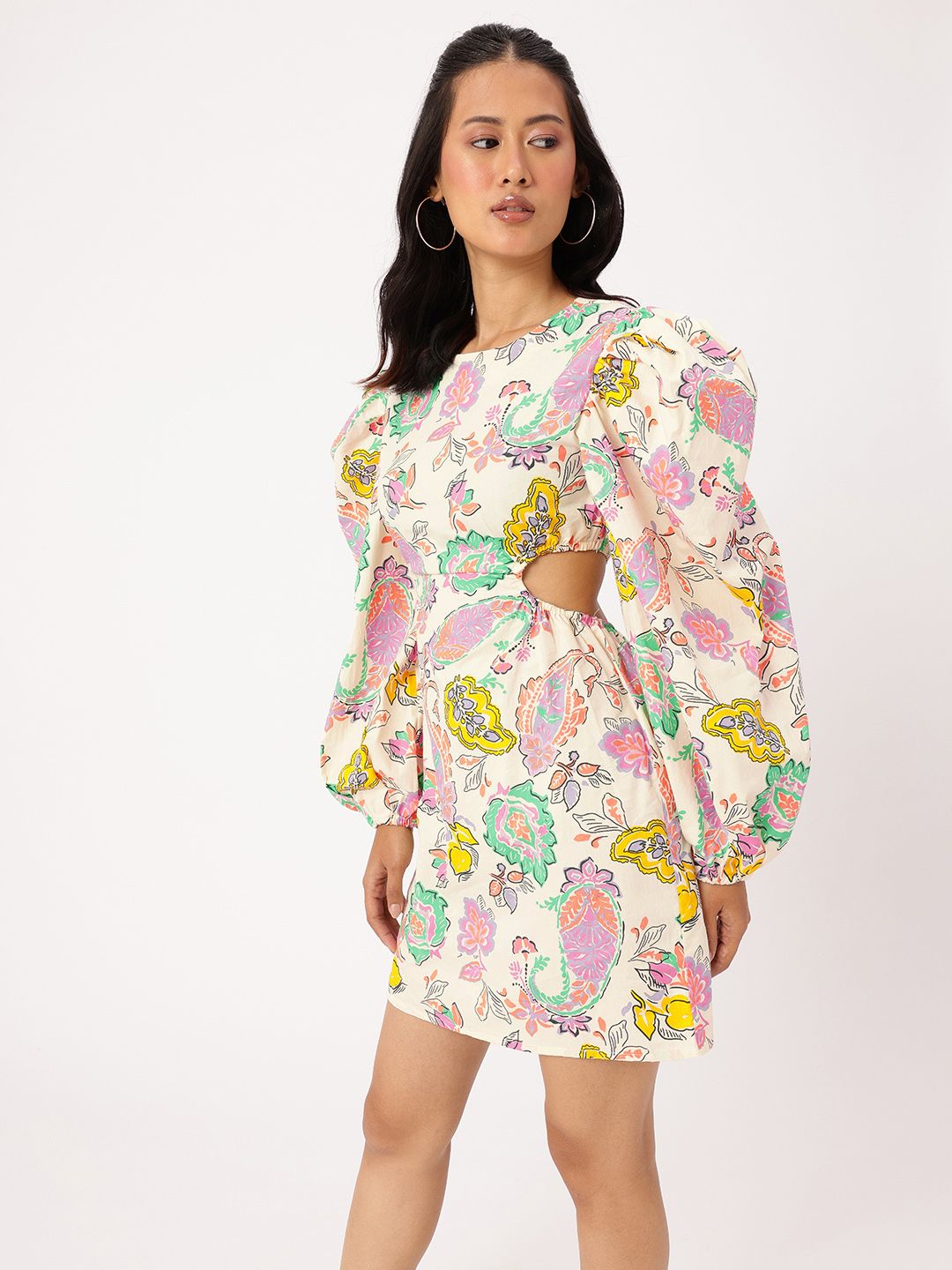 DressBerry Playful Femi Power Shoulders Cut-Out Indie Printed Sheath Mini Dress