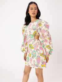 DressBerry Playful Femi Power Shoulders Cut-Out Indie Printed Sheath Mini Dress