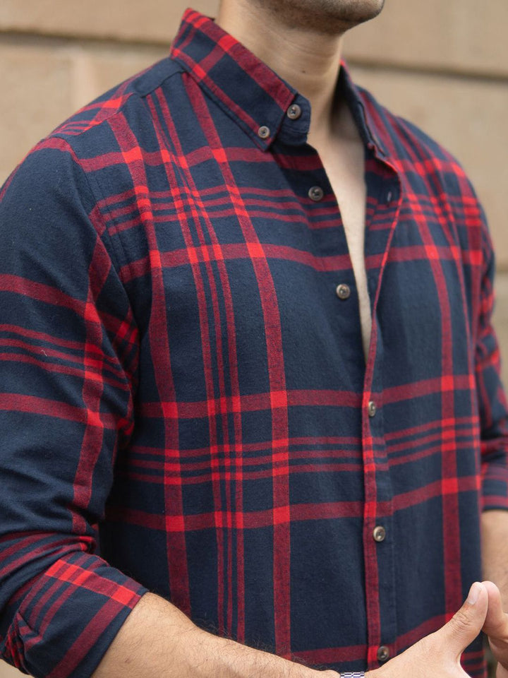 Powerlook Men Tartan Checked Spread Collar Cotton Casual Shirt