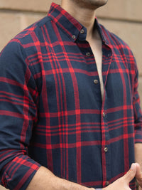 Powerlook Men Tartan Checked Spread Collar Cotton Casual Shirt