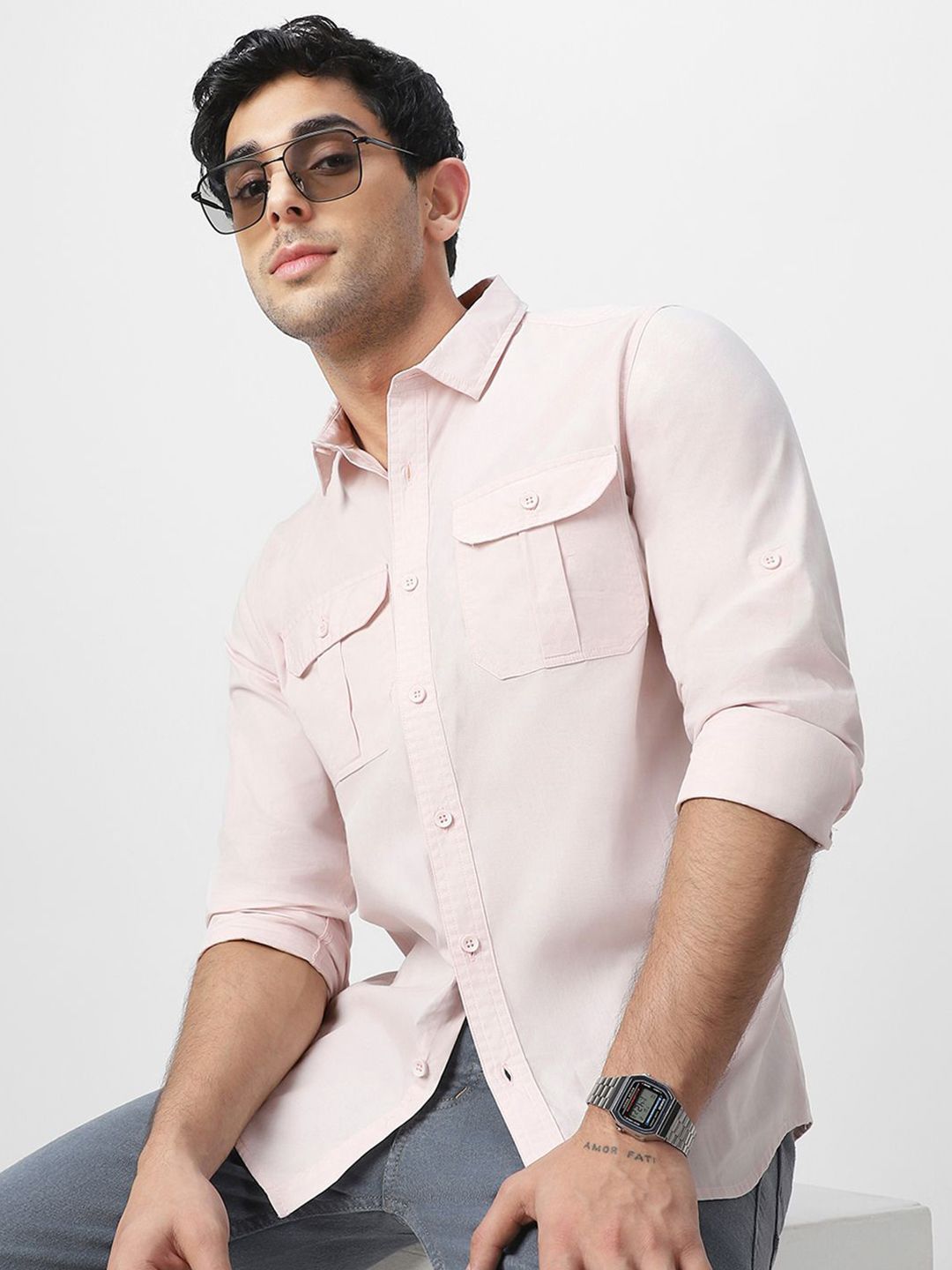 Urbano Fashion Men Spread Collar Solid Cotton Casual Shirt