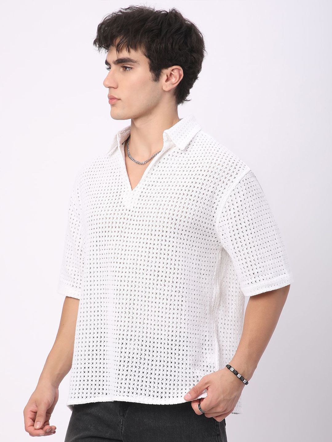VASTRADO Oversized Classic Crochet Polo Collar Cotton T-Shirt