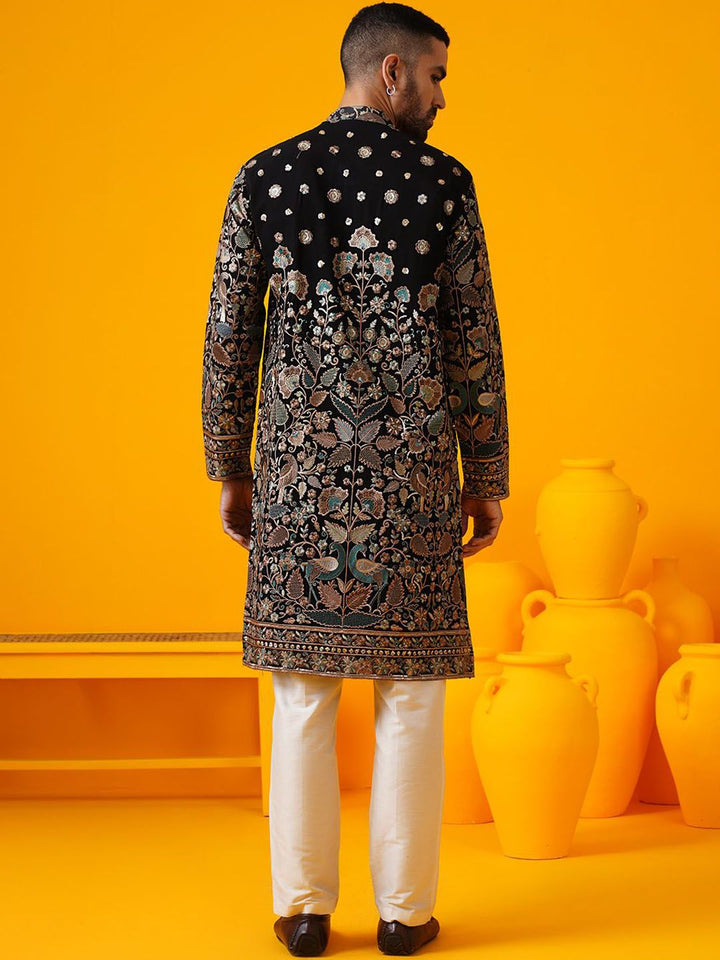 SOJANYA LUXE Kolar Mandarin Sulam Bunga Georgette Kurta Lurus Dengan Seluar