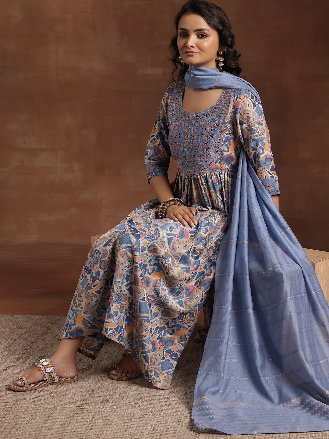 Libas Abstract Printed Pleated Anarkali Kurta With Trouser & Dupatta