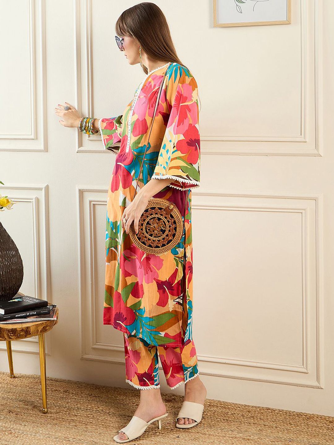 Indo Era Floral Printed V-Neck Pure Cotton Tunic With Trouser
