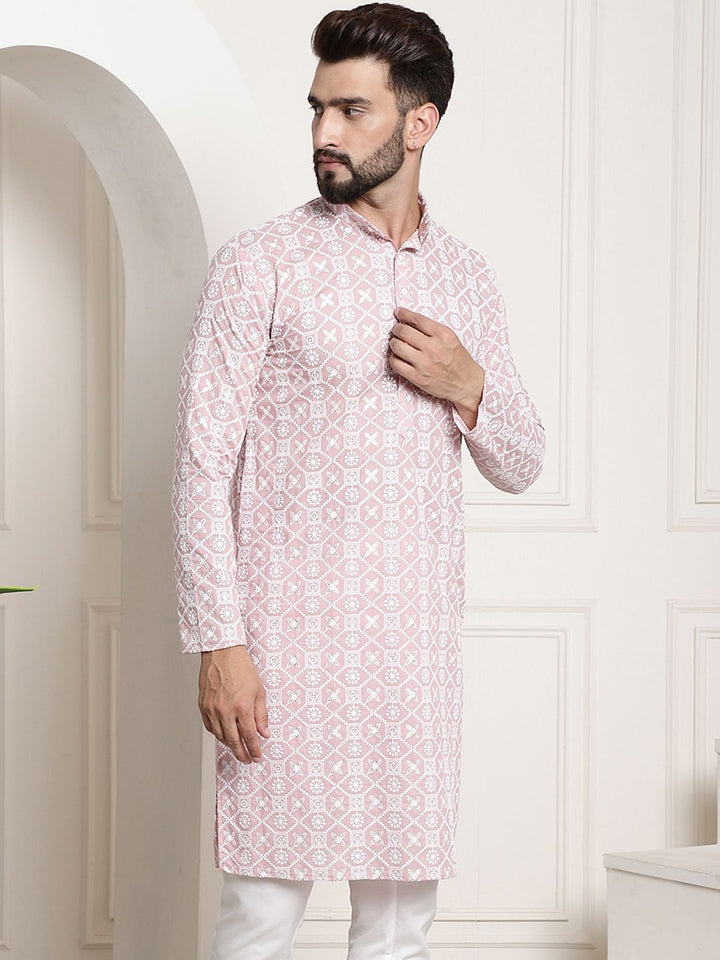 SOJANYA Band Collar Ethnic Motifs Embroidered Thread Work Cotton Kurta