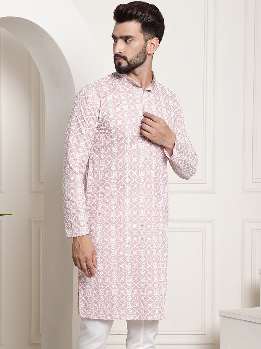SOJANYA Band Collar Ethnic Motifs Embroidered Thread Work Cotton Kurta