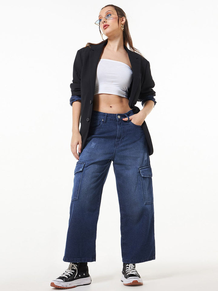 Bewakoof Women Straight Fit High-Rise Light Fade Cotton Cargo Jeans
