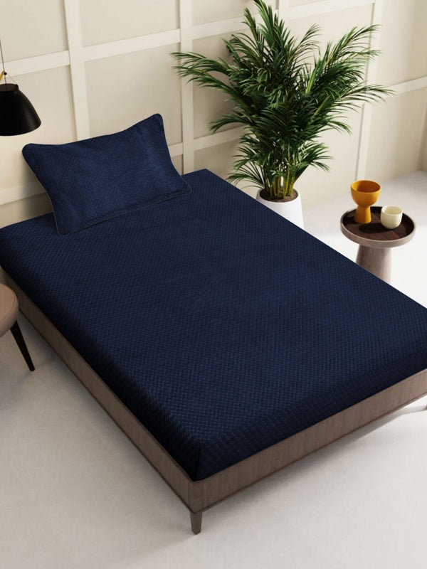 KLOTTHE Navy Blue Abstract 300TC Woollen Single Bedsheet & 1 Pillow Cover