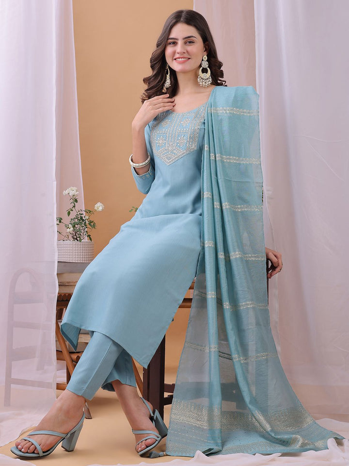 KALINI Yoke Design Sequinned Straight Kurta With Trousers And Dupatta