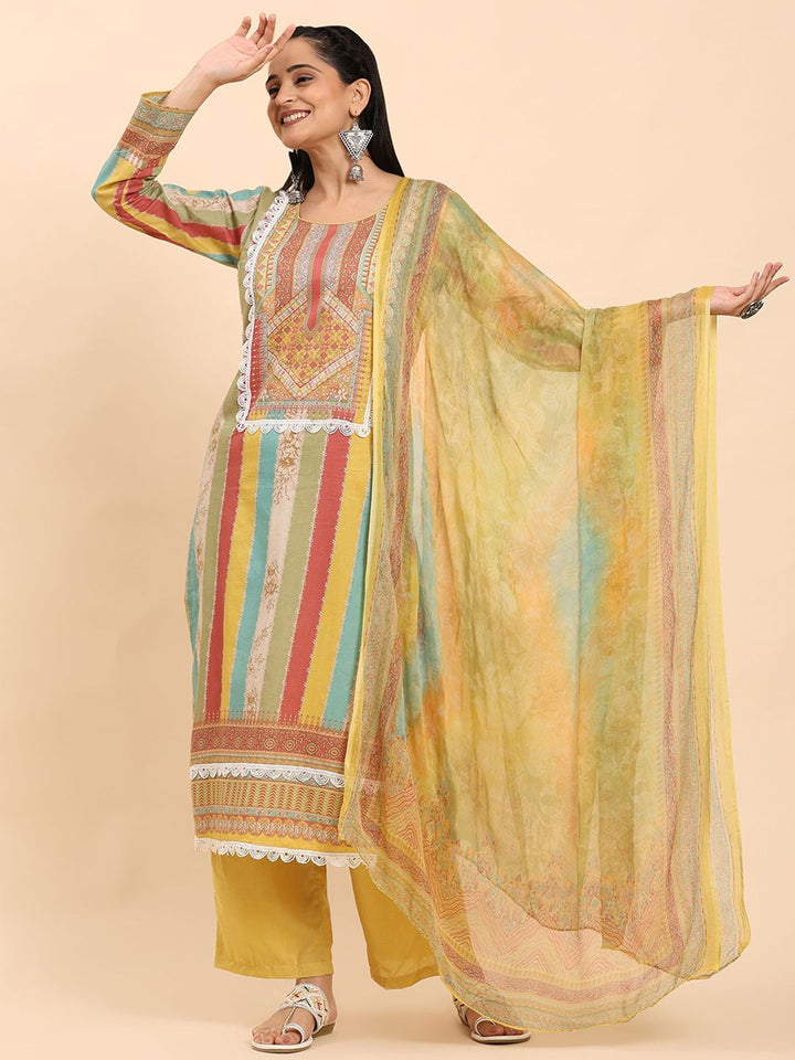 Mamicha Wanita Bercetak Kurta Kapas Tulen Biasa dengan Palazzos & Dengan Dupatta