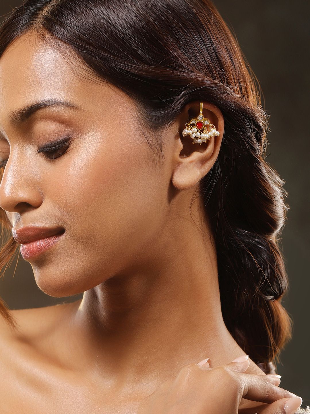 Rubans 22K Gold-Plated Ruby Pink & White Kundan Handcrafted Ear Cuff with Pearl Beads