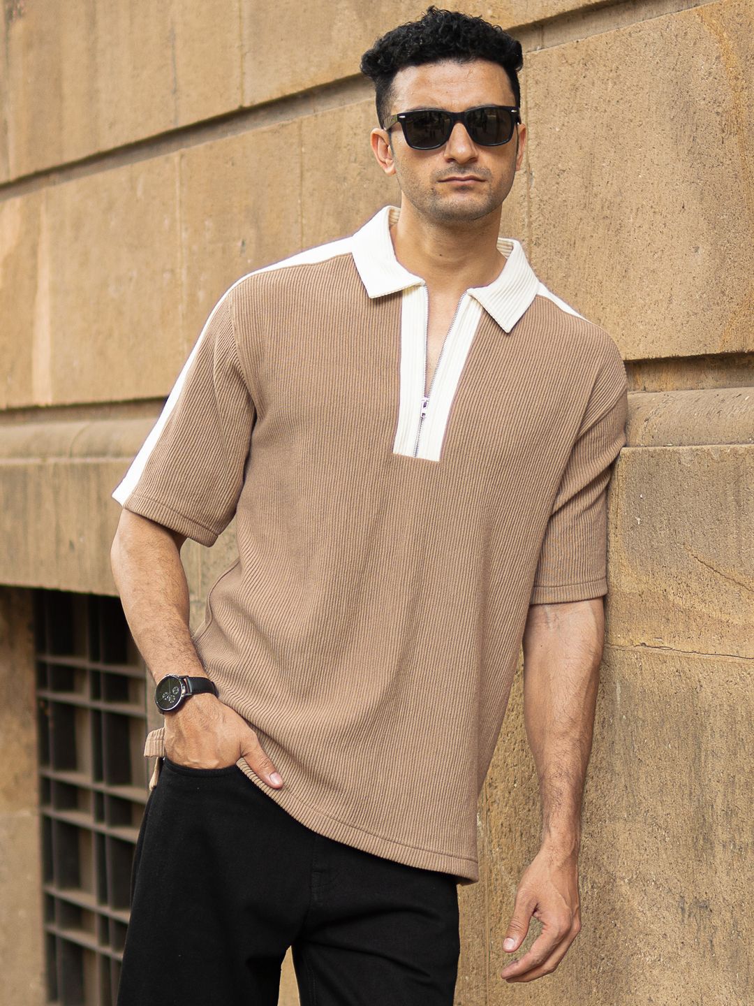 Powerlook Men Polo Collar Drop-Shoulder Sleeves Oversized T-shirt