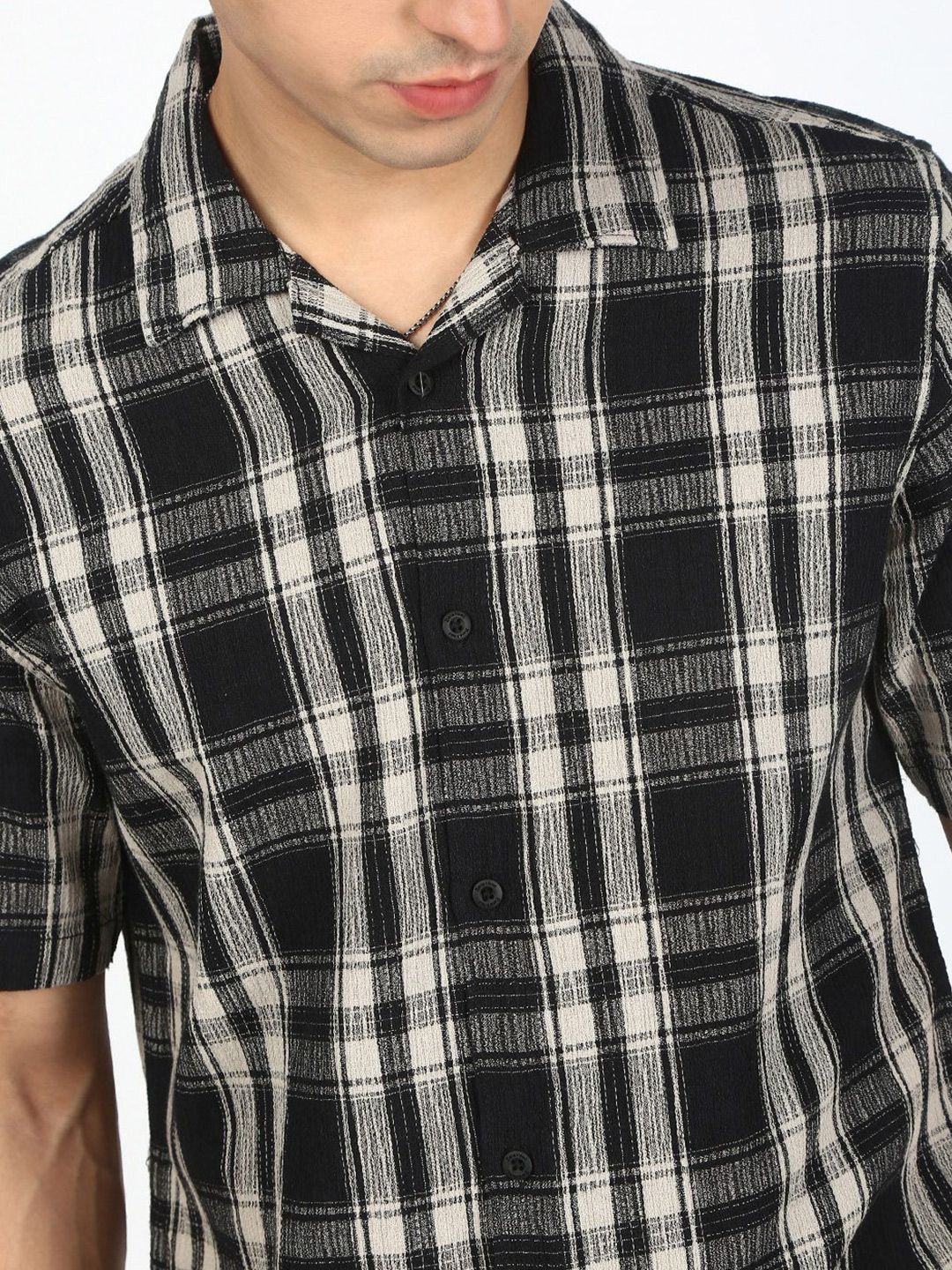 Bene Kleed Men Tartan Checked Cuban Collar Cotton Casual Shirt