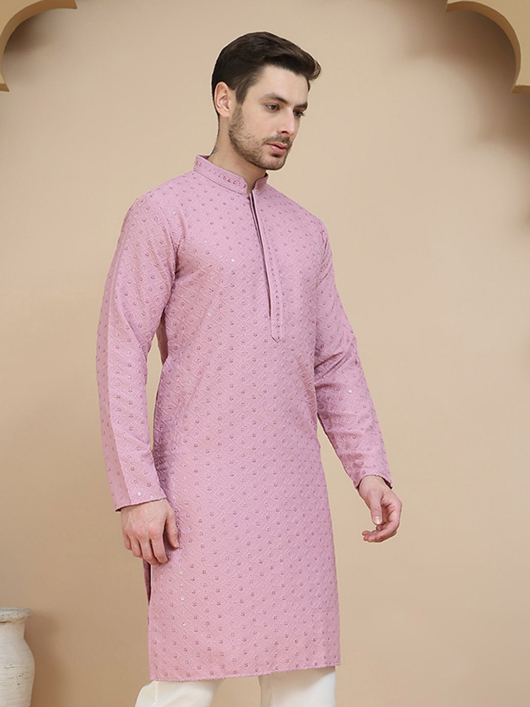 JOMPERS Men lelaki bersulam geometri sequinned kurta
