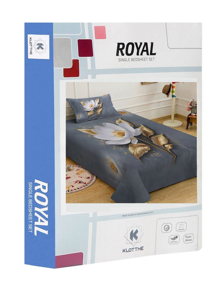KLOTTHE Grey Floral Flat 400 TC Single 7D Bedsheet with 1 Pillow Covers