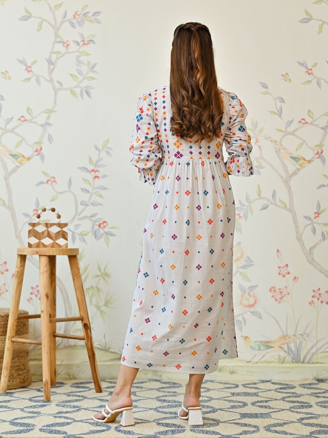 Rustorange Women Ethnic Motif Print Round Neck A-Line Cotton Midi Dress