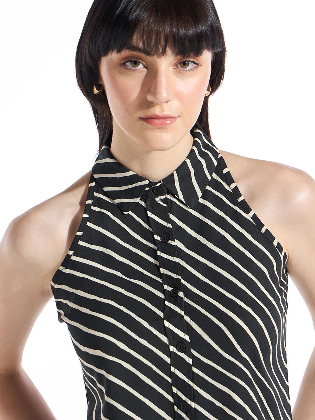 Bewakoof Women Standard Spread Collar Vertical Striped Casual Shirt