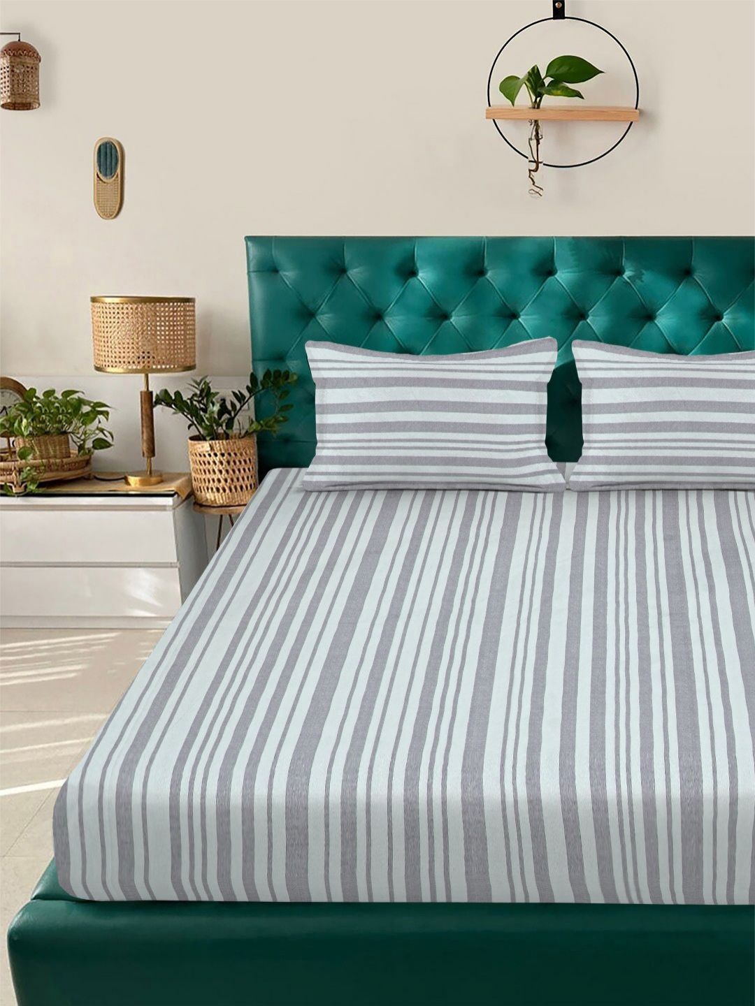 Aura Grey & White Striped 300 TC Double King Bedsheet Set-2.5 m X 2.25 m