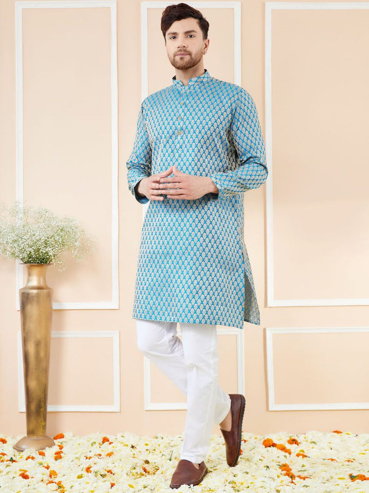 See Designs Ethnic Motifs Woven Design Mandarin Collar Straight Kurta With Pyjamas