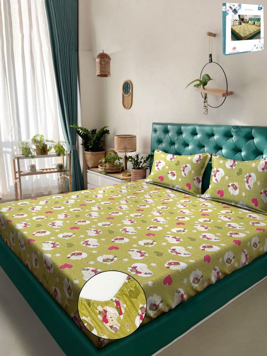 Myntra Elegant Homes Green Conversational Pure Cotton 400 TC Fitted King Superfine Bedsheet dengan 2 Sarung Bantal-98 x 89 inci