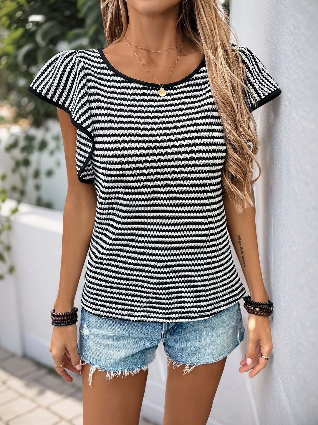 all about you Women Striped Puff Sleeves Casual T-shirt