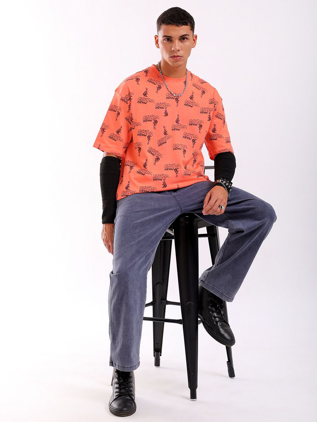 The Indian Garage Co Men All Over Printed Round Neck Pure Cotton Boxy Oversized T-shirt