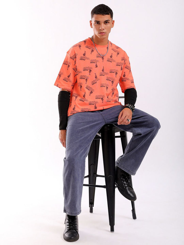 The Indian Garage Co Men All Over Printed Round Neck Pure Cotton Boxy Oversized T-shirt