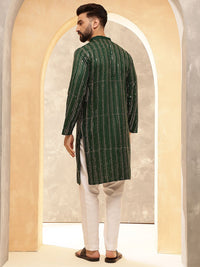 Anouk Green Striped Embroidered Sequinned Pure Cotton Straight Kurta With Pyjama