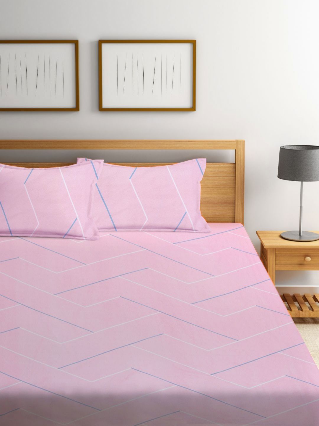 Myntra Elegant Homes Merah Jambu Kapas Geometrik 300 TC Dilengkapi Cadar King Halus dengan 2 Sarung Bantal-98 x 87 inci