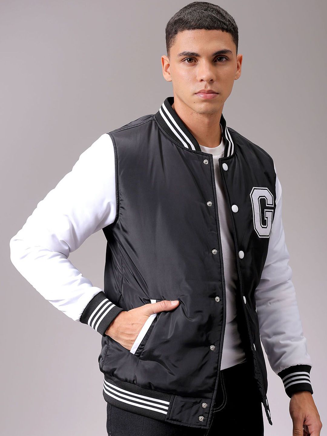 The Indian Garage Co Men Stand Collar Typography Printed Casual Varsity Jacket