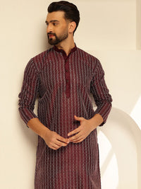 SOJANYA Geometrik Sulam Benang Kerja Mandarin Collar Straight Kurta