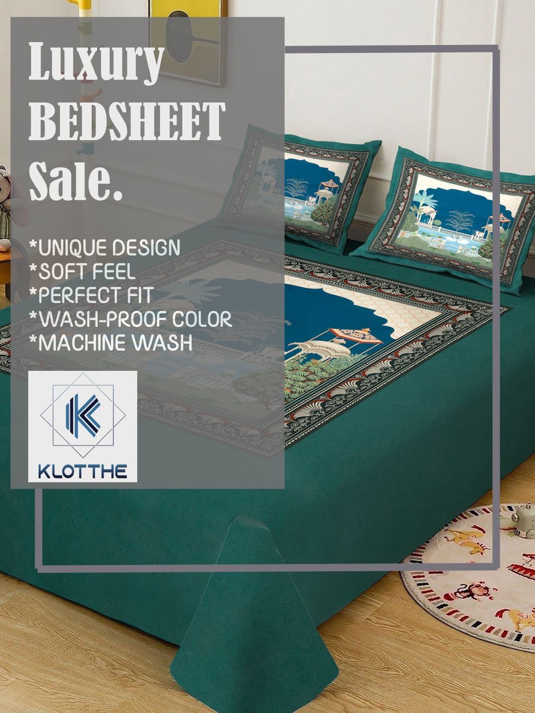 KLOTTHE Green & Blue Ethanic Motifs Printed Flat 300 TC King Bedsheet With 2 Pillow Cover