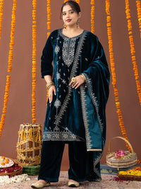 Kurta Bersulam Bunga Mamicha & Salwar Dengan Dupatta