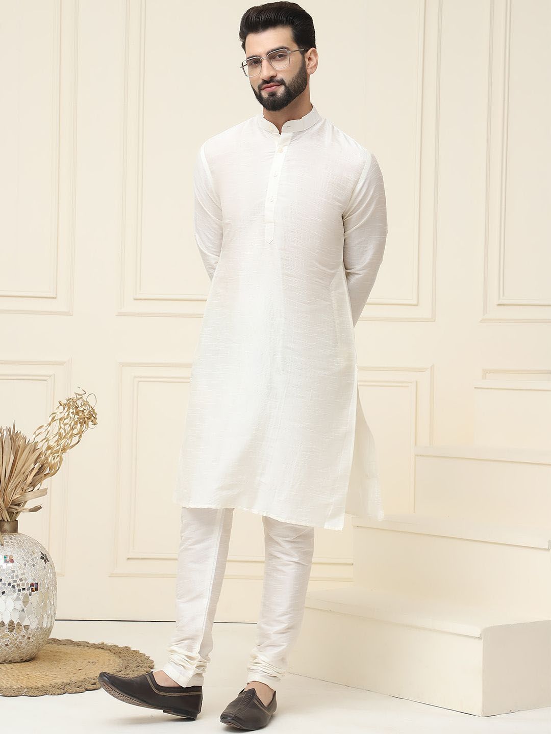 SOJANYA Mandarin Collar Silk Cotton Straight Kurta with Churidar