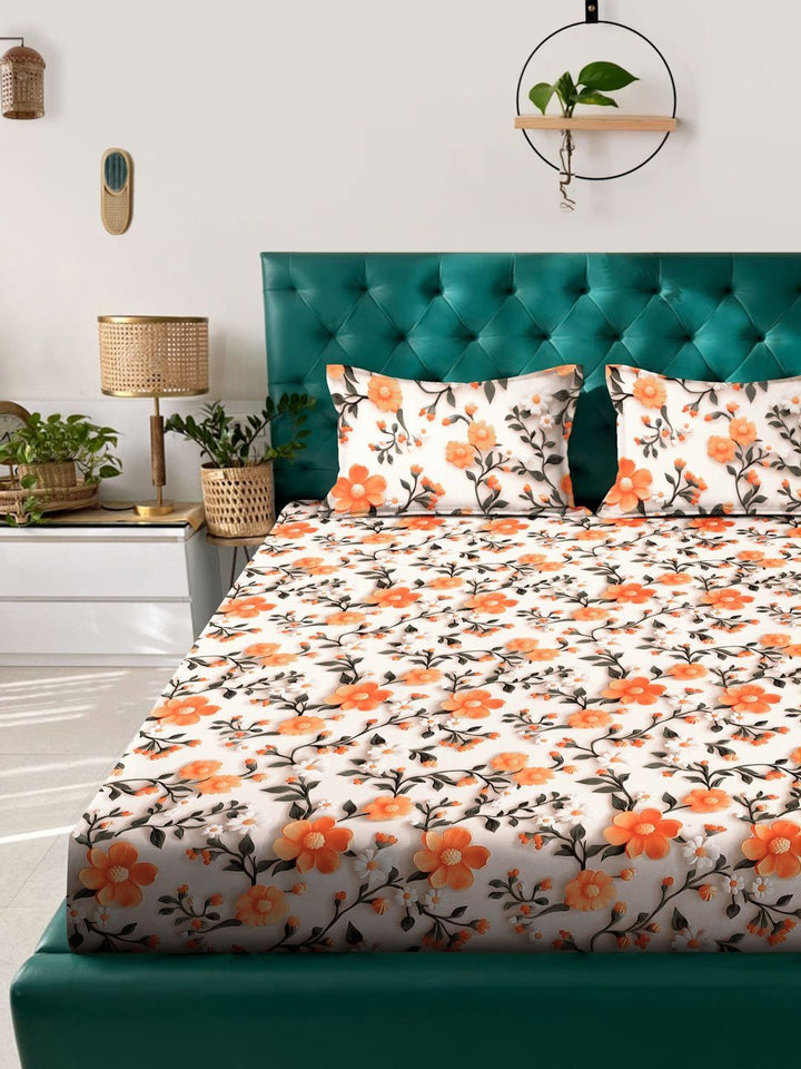 Myntra Elegant Homes Berwarna Krim Bunga 300 TC Cadar King dengan 2 Sarung Bantal
