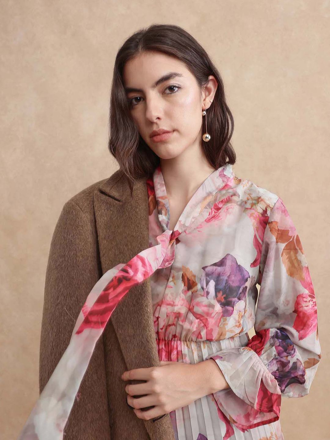 RAREISM Floral Print Tie-Up Neck A-Line Maxi Dress