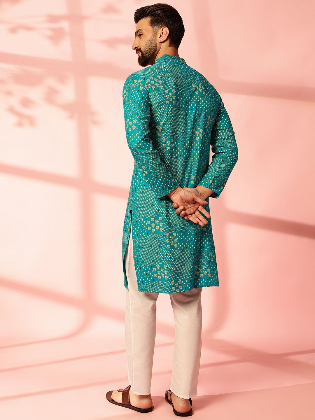 Anouk Floral Printed Band Collar Cotton Linen Straight Kurta