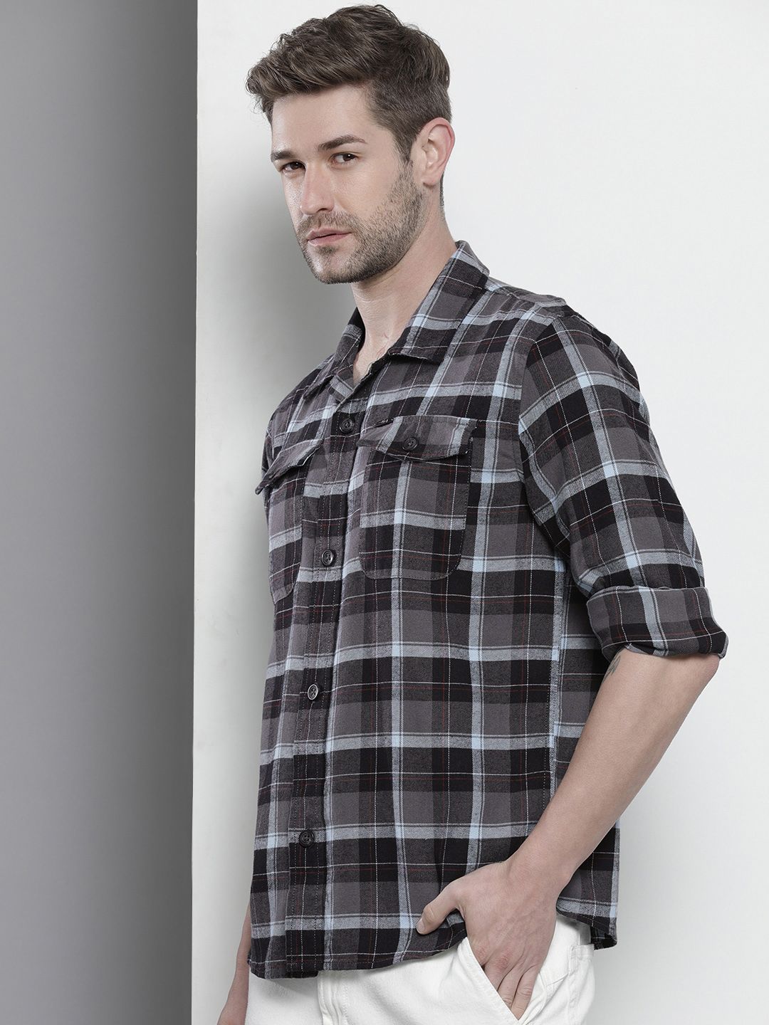 The Indian Garage Co Men Regular Fit Checked Double Flap Pocket Flannel Shirt