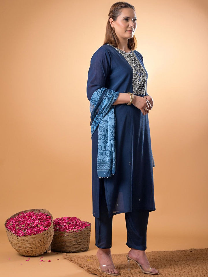 Mamicha Women Woven Design Embroidered Cotton A-Line Kurta with Trousers & Dupatta