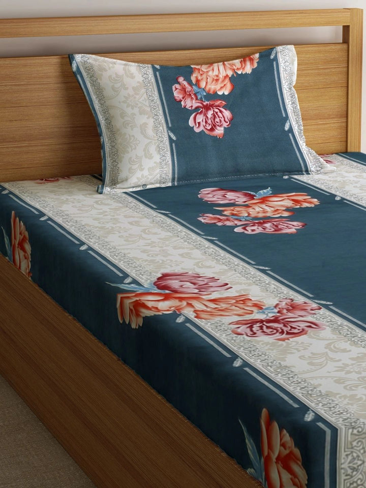 Myntra Elegant Homes Blue & Orange Floral 300 TC Single Bedsheet with 1 Pillow Covers