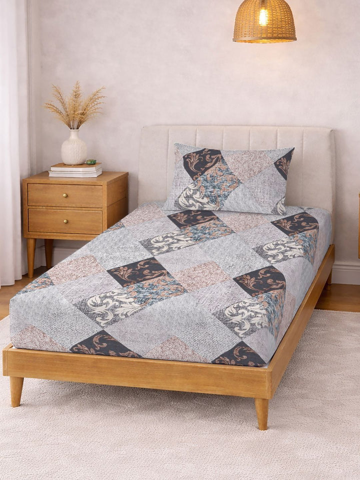 KLOTTHE Bercetak Kelabu & Putih Cadar Single 300 TC Dengan Sarung Bantal- 2.25 m x 1.5 m