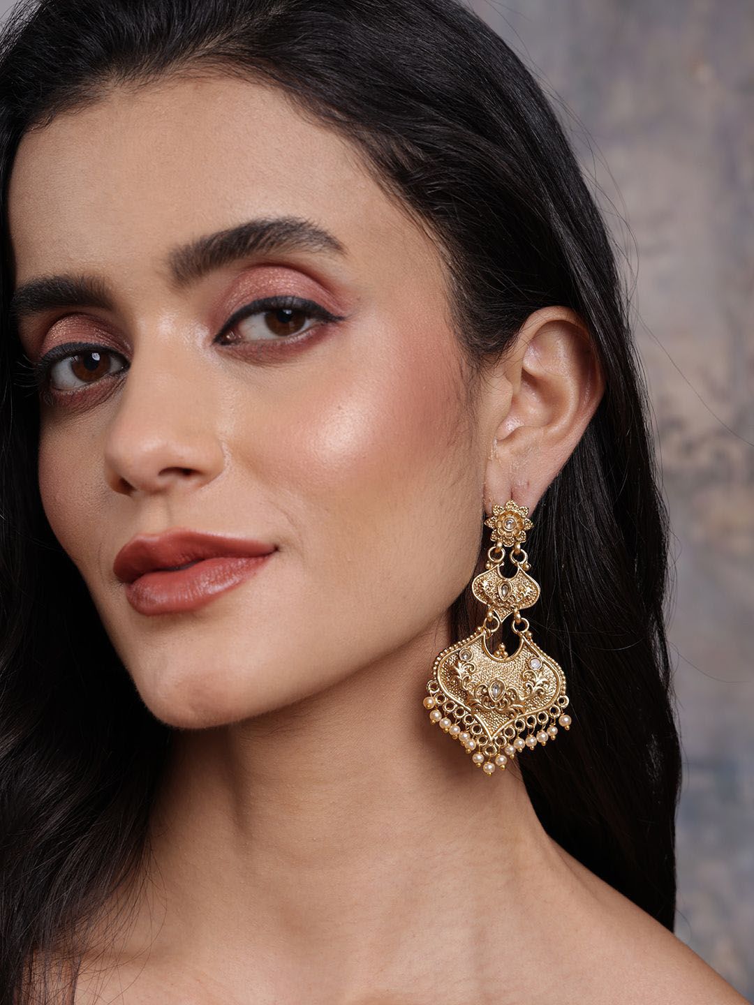 PANASH Gold Plated Kundan Contemporary Drop Earrings