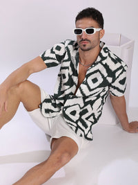 Bene Kleed Men Geometric Printed Cuban Collar Cotton Casual Shirt