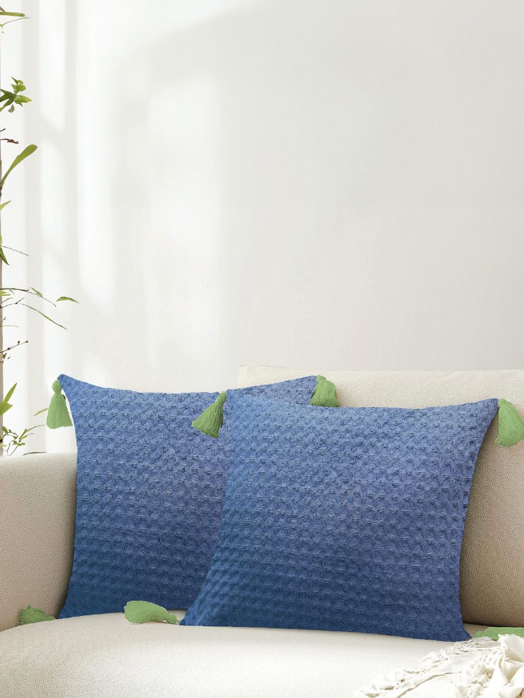 URBAN SPACE Navy Blue & Green 2 Pieces Checked Pure Cotton Square Cushion Covers