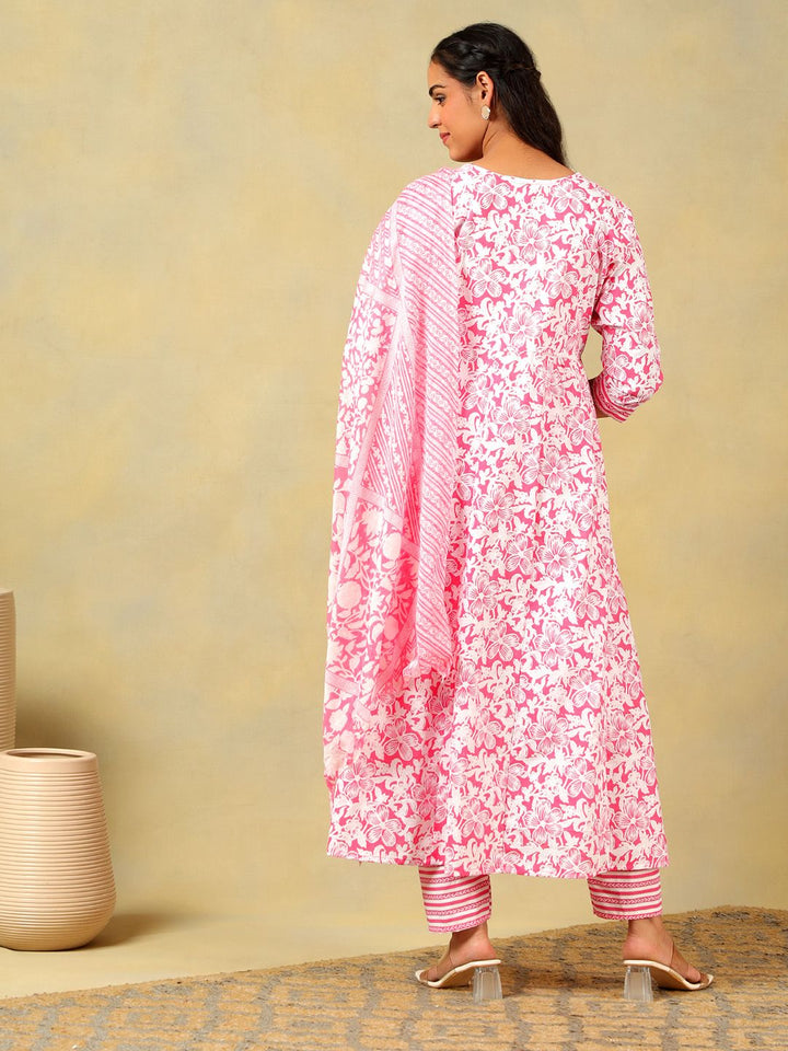Mamicha Women Floral Printed Regular Pure Cotton Kurta with Trousers & With Dupatta